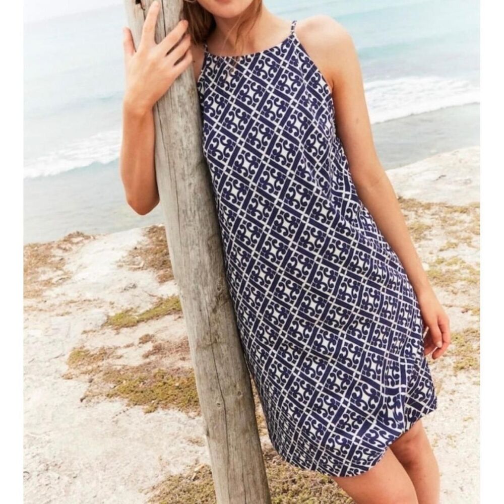 New Boden Geometric Tile Print Cotton Halter Neck Dress in White Blue Size 14